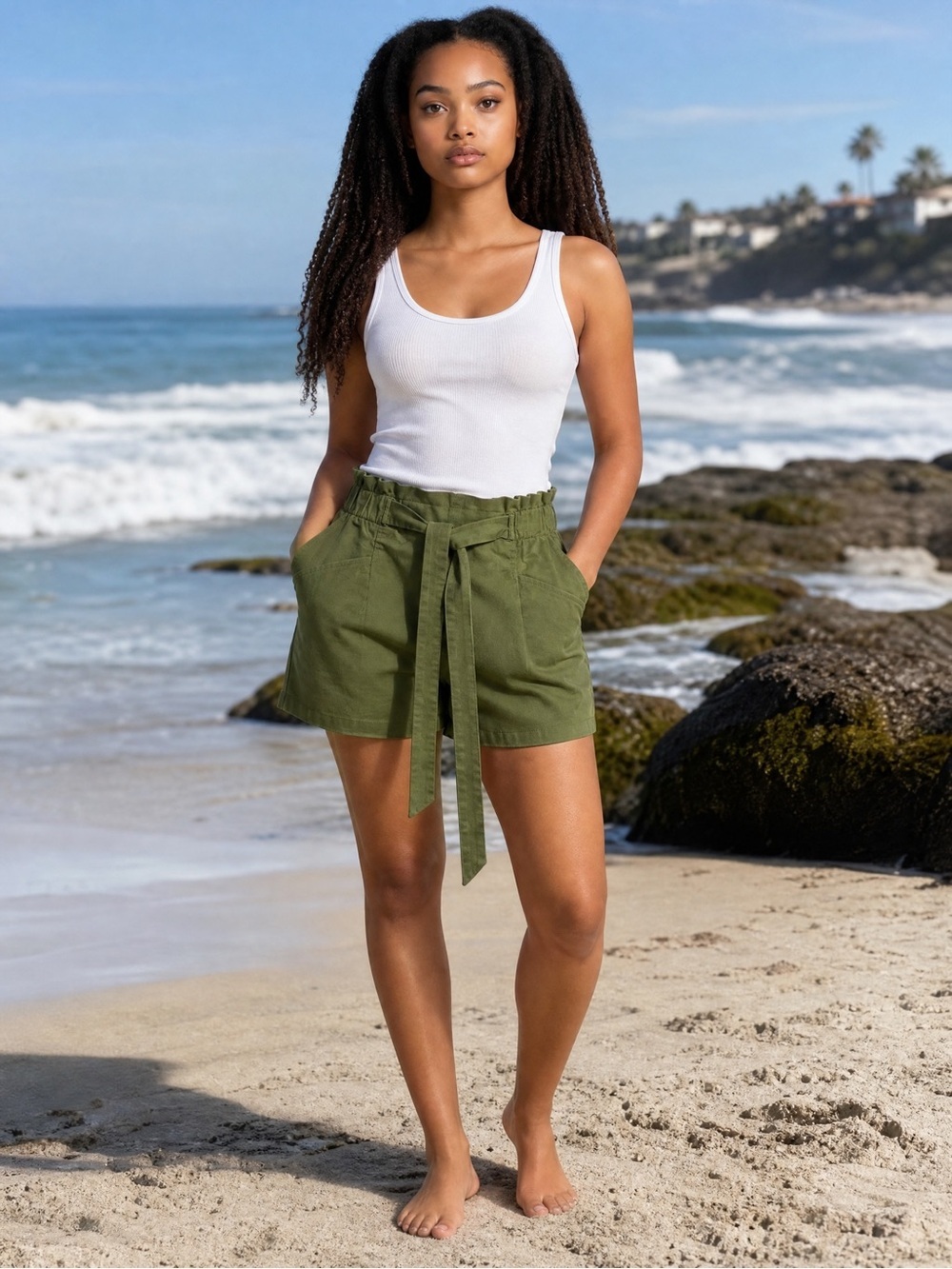 C'est Toi  High-Waist Tie-Belt Olive Paperbag Shorts Size L